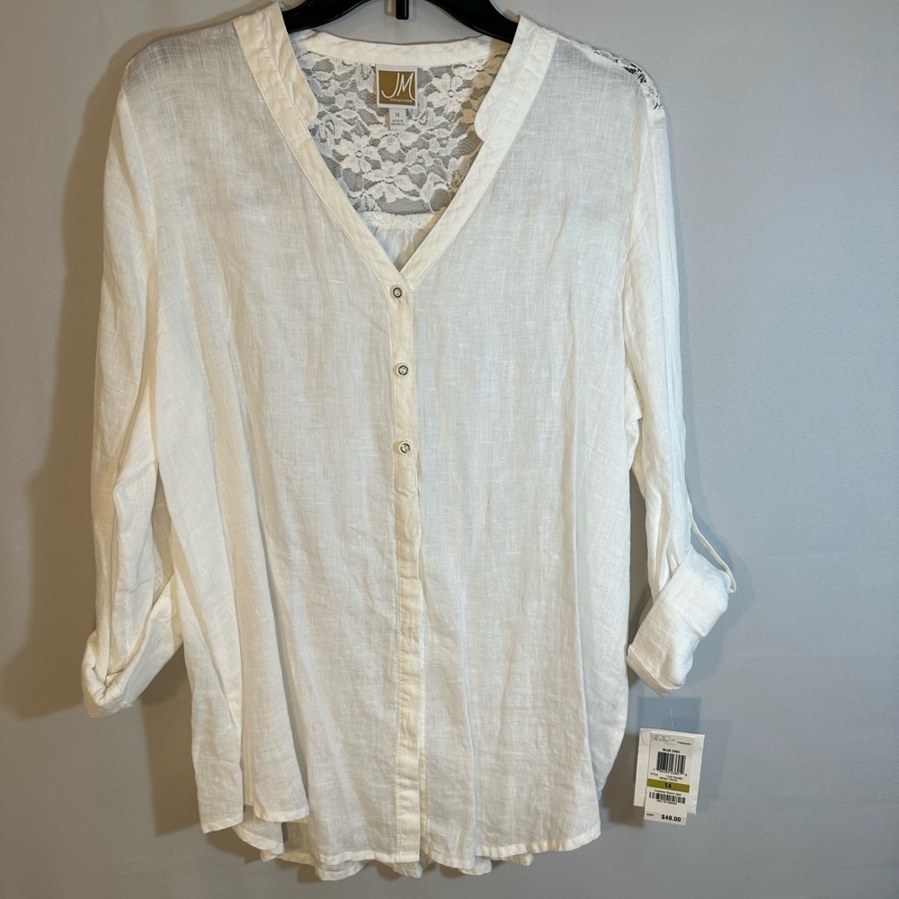 JM Collection 100% Linen Blouse Shirt Front Button Trim Roll Up Tap Long Sleeve